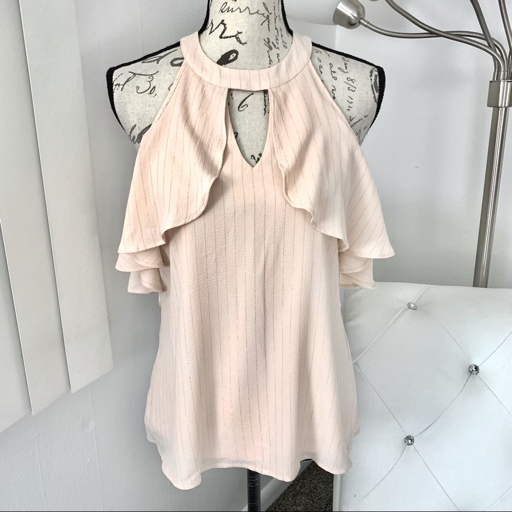 Candies Light Peach Gold Metallic Stripe Cold Shoulder Ruffled Halter Style Top